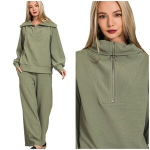 RIBBED HIGH NECK HALF ZIP PULLOVER & PANTS SET by Zenana LT Olive